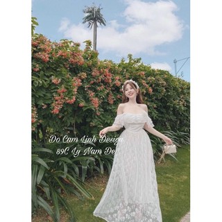 D015- đầm maxi ren trắng rớt vai dập ly