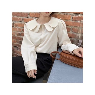 Áo sơ mi trơn cổ sen chất thô lụa màu be/trắng