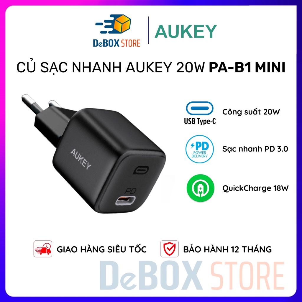 Cốc Sạc Nhanh 20W Omnia Aukey PA-B1 Mini Công nghệ GAN 2 Trong 1 PD 20W + QC 18W - Chính Hãng