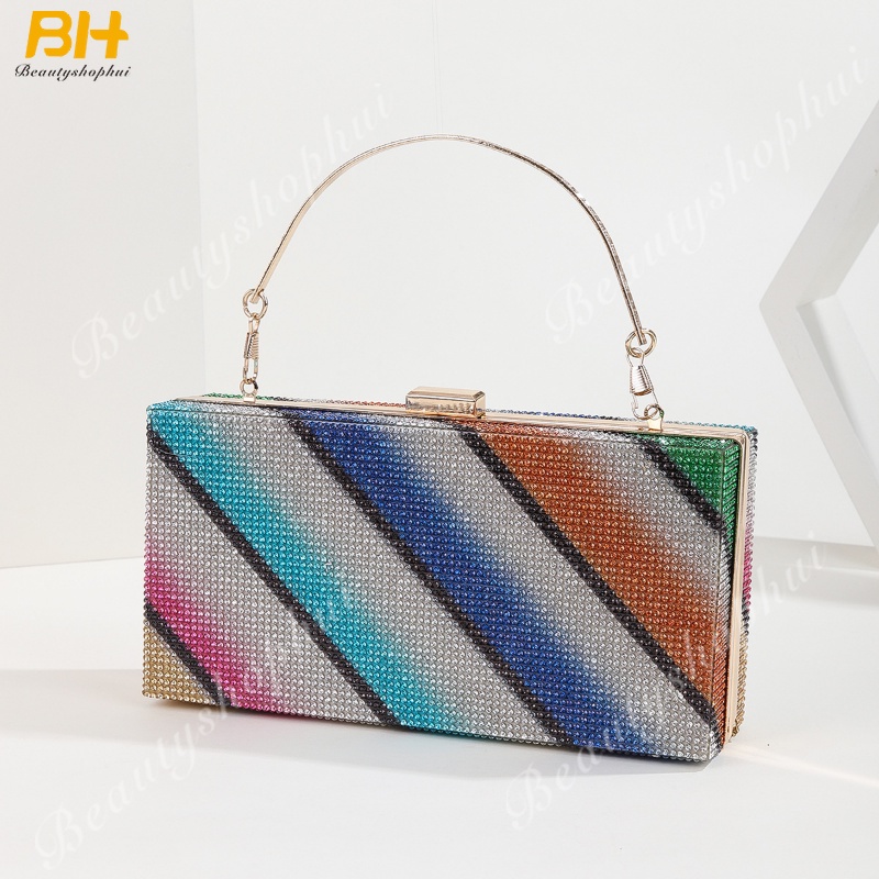Ví Cầm Tay Dự Tiệc Đính Đá Màu Cầu Vồng Phong Cách Âu Mỹ Sang Trọng