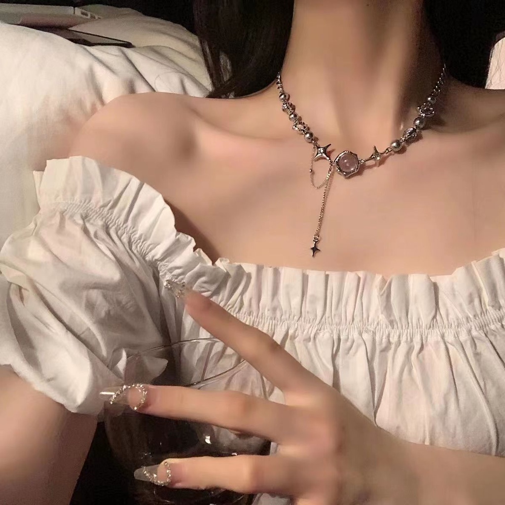 Vòng cổ Mặt Chữ Thập Đính Đá Mặt Trăng Và Ngôi Sao Phối Tua Rua Thời Trang Cho Nữ