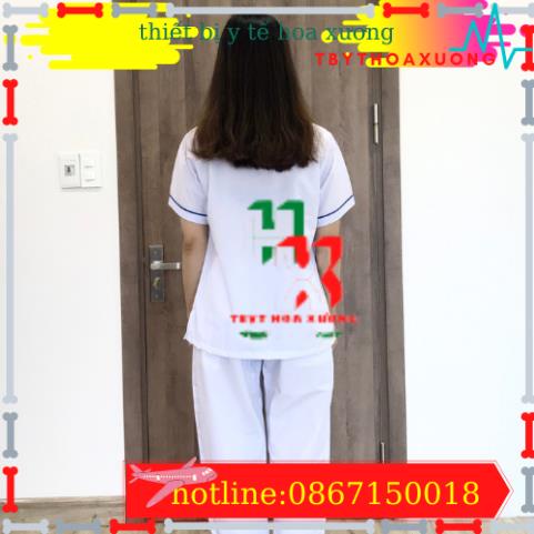 Bộ blouse cổ tim viền XANH DƯƠNG nam nữ cộc tay - bộ scrubs kỹ thuật viên cho điều dưỡng, dược sỹ, y tá, bác sĩ