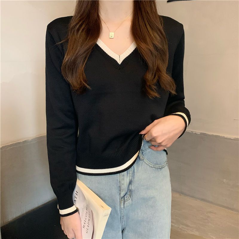 COZOK Áo Thun Ngắn Tay Dài Cổ Chữ V Màu Tương Phản Thời Trang