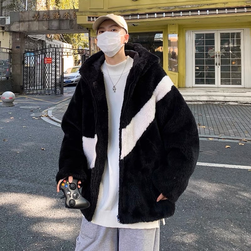 Áo Khoác Lông Trắng Có Mũ Họa Tiết - Áo Khoác Ngoài Form Rộng 2 Màu Unisex Hot HOT NEW