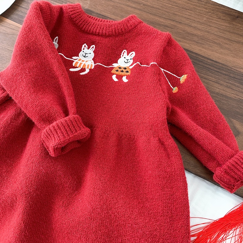 Áo Sweater Dệt Kim Dáng Chữ A Thêu Hình Chú Thỏ Dễ Thương Phong Cách Hàn Quốc Thời Trang Năm Mới Cho Bé Gái