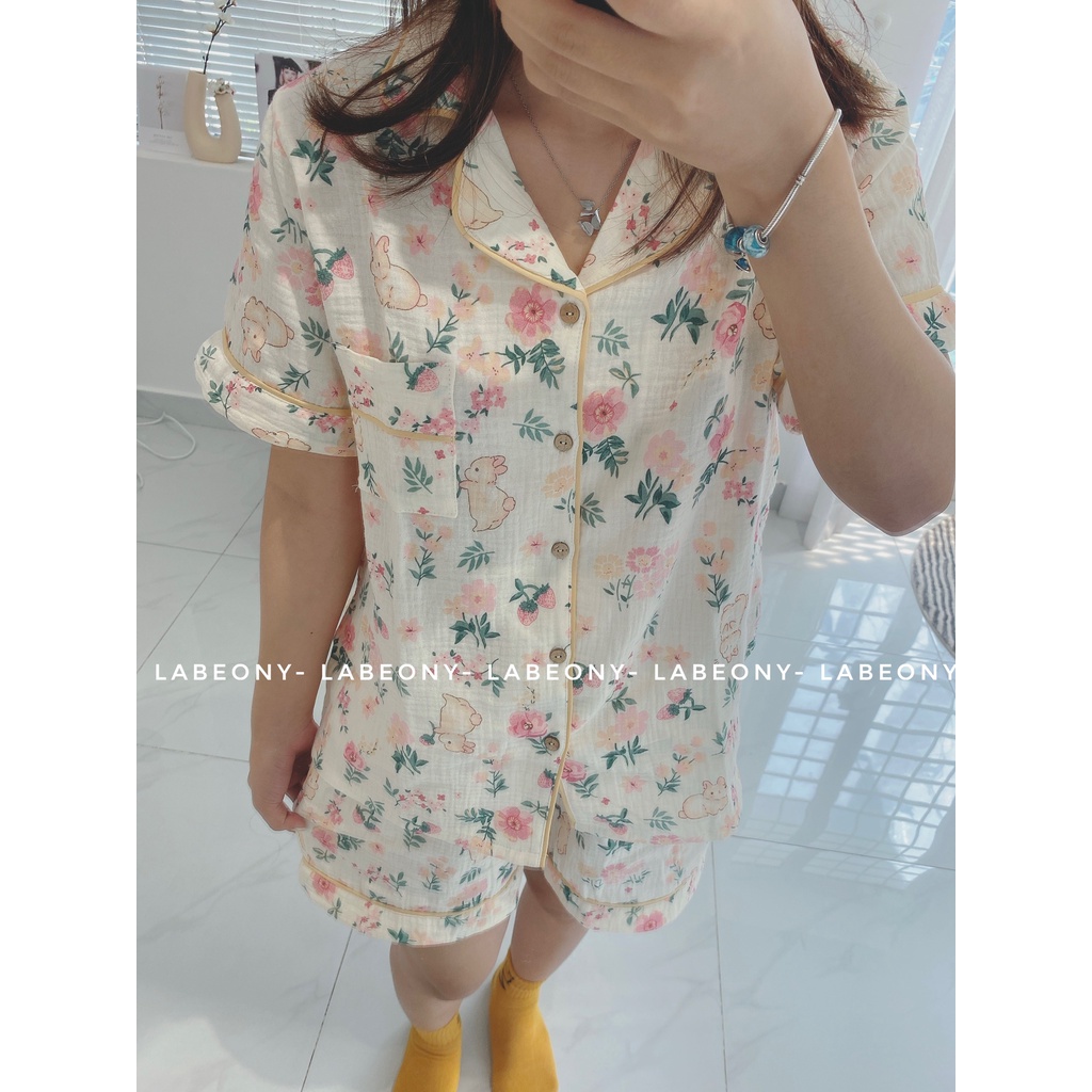 Đồ bộ nữ mặc nhà pijama ngắn dài tay thỏ hoa nhí xô muslin dễ thương Labeony