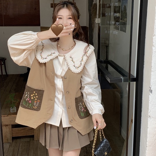 Áo khoác gile nữ kiểu trơn màu túi thêu hoa vintage, gile nữ phối sơ mi form rộng cổ thêu viền hoa 3277