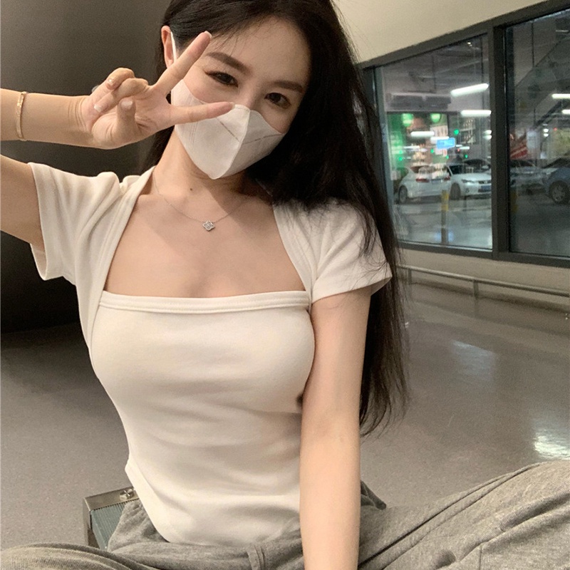 IELGY Áo Thun Tay Ngắn Cổ Vuông Dáng Ôm Thời Trang Dành Cho Nữ