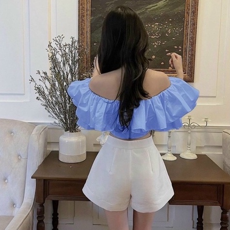 Áo trễ vai nữ tay phồng 2 lớp nhún lưng ôm dáng bánh bèo hottrend