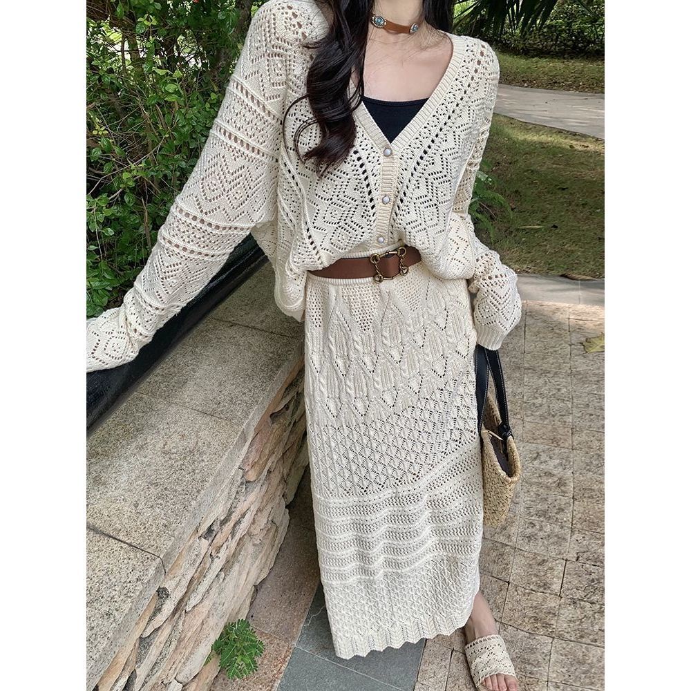 Kumikumi Áo Khoác Cardigan Dệt Kim Rỗng Dáng Dài Eo Cao Thời Trang Mùa Thu Dành Cho Bạn Nữ