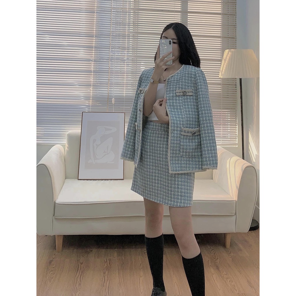 Set dạ stweed thiết kế màu xanh, áo khoác và chân váy tách rời - S.IS22.165