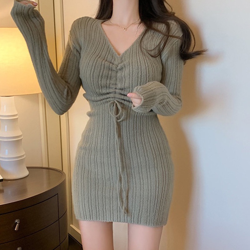 Đầm dệt kim ZHELIHANGFEI tay dài cổ chữ V phối dây rút thời trang quyến rũ cho nữ