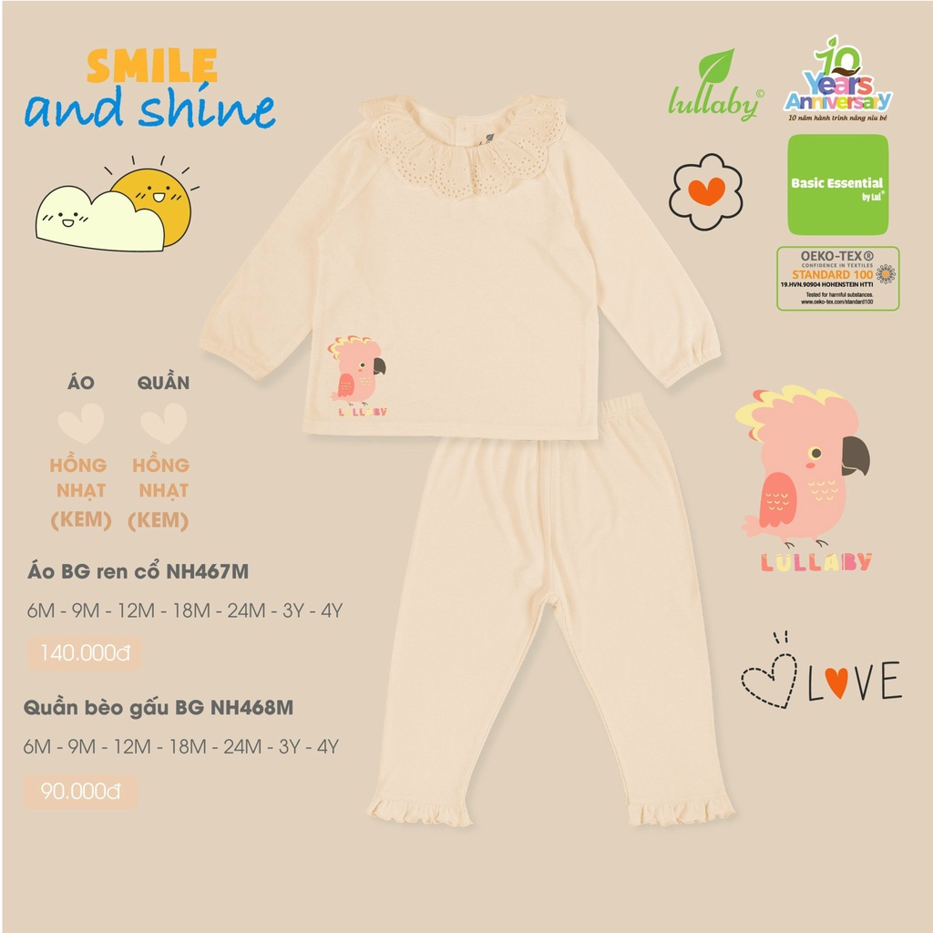 Bộ dài tay thu đông Lullaby chất bambo hoạ tiết gấu Nh465M cho bé (3y 4y không có cúc vai)