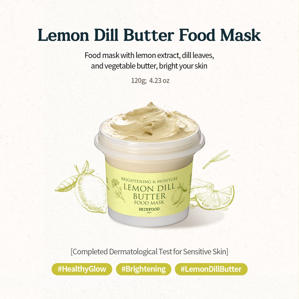 [SKINFOOD] mặt nạ chanh với Niacinamide 120g / làm sáng tông màu da xỉn màu / cách kết cấu bơ dày với hương thơm của cam quýt chanh / kết cấu chống tắm / Lemon Dill Butter Food Mask