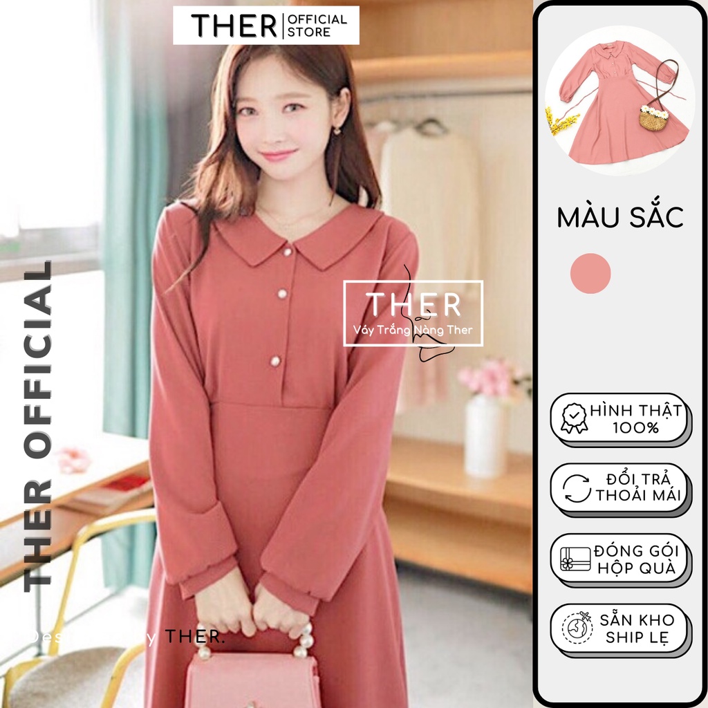 Đầm Nữ Tay Dài Cột Dây Eo Đính Nút Ngọc Thục Nữ, Đầm Nữ Công Sở Form Dài Xoè Kính Đáo Màu Hồng (Kèm Ảnh Thật)