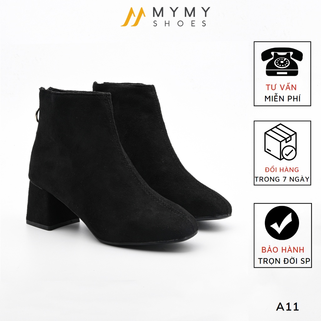 Giày Boot Nữ Cổ Lửng Chất Liệu Da Lộn Mymyshoes Mũi Vuông Kéo Khóa Sau Đế 5P (A11)
