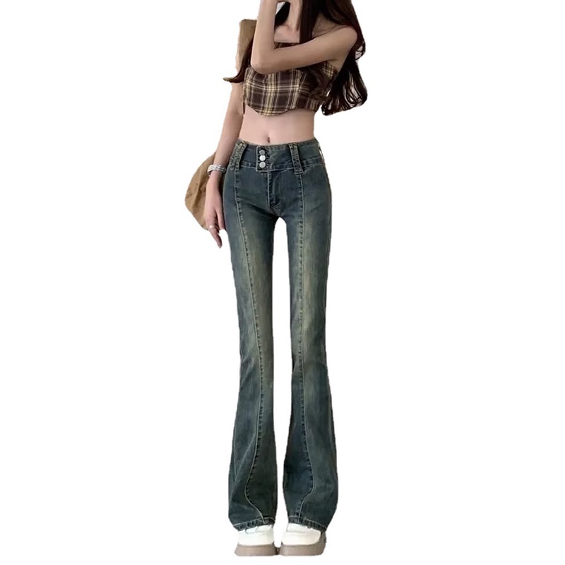 IELGY Quần denim Dài Co Giãn Màu Xanh Dương Phong Cách retro Dễ Phối Đồ Cho Nữ