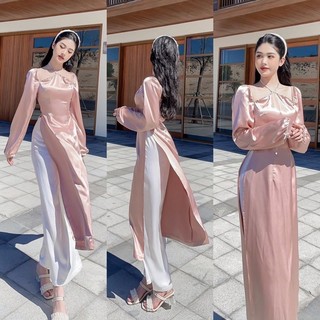 (Hình thật sản phẩm) Set áo dài cách Tân satin lụa sang chảnh Yn