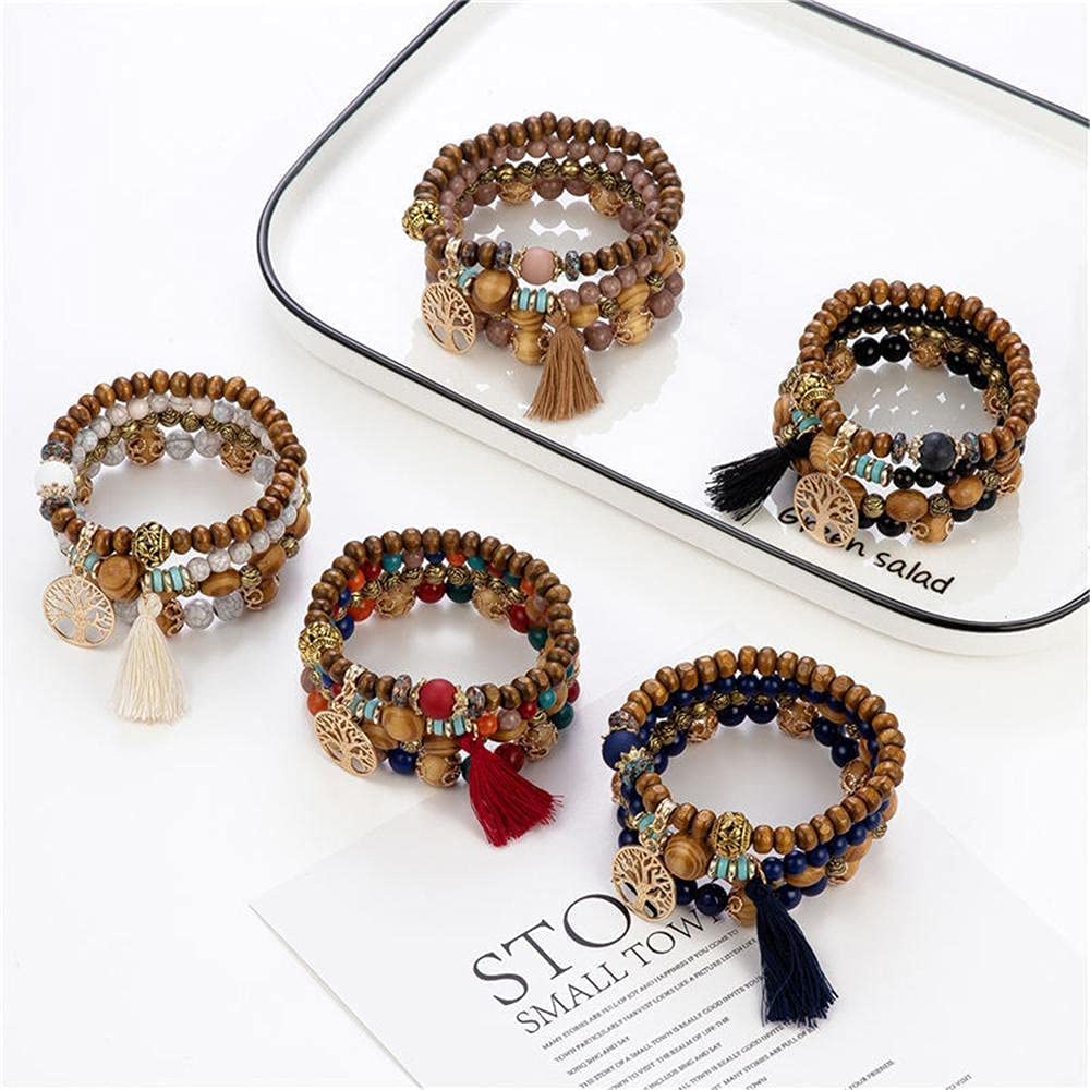 Vòng Tay Chuỗi Hạt Gỗ Nhiều Lớp Phối Tua Rua Phong Cách Bohemian Thời Trang Cho Nữ