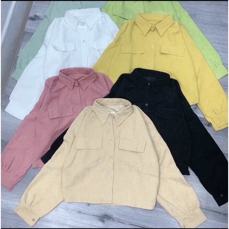 Áo sơ mi  nhung tăm tay bồng nắp túi dáng lỡ❤️dễ phối đồ