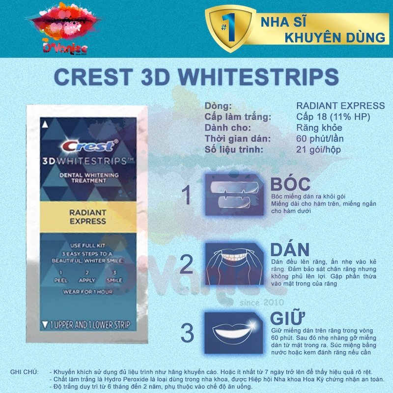 [1 GÓI LẺ] Miếng dán trắng răng Crest 3D Whitestrips - Hàng Mỹ - Trắng Răng - An Toàn