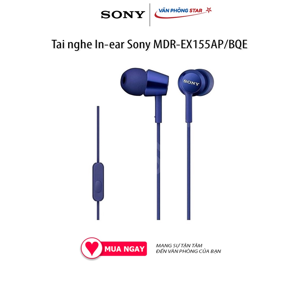 Tai nghe In-ear Sony MDR-EX155AP/BQE âm thanh sống động jack 3.5mm, bass mạnh mẽ, thoải mái khi đeo