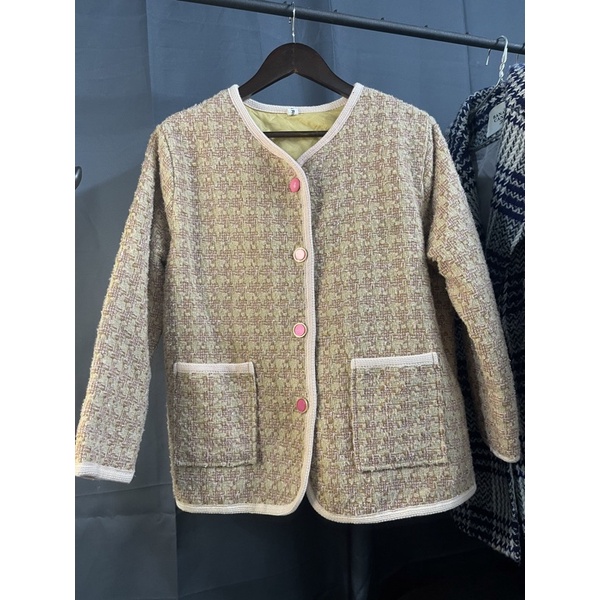 Áo dạ tweed hồng phối kẻ kim tuyến si tuyển