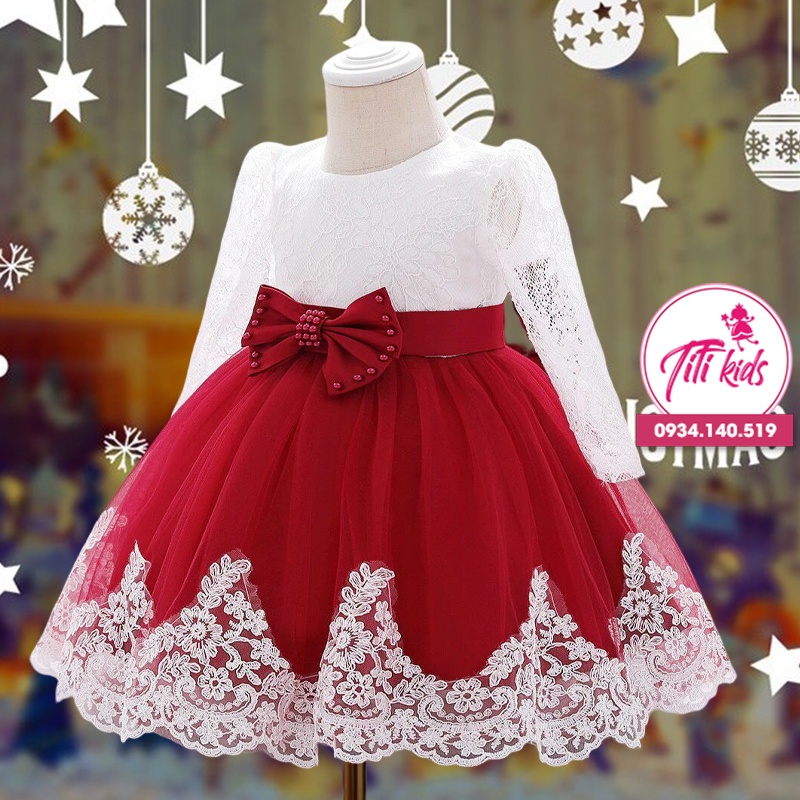 Váy Đầm Cho Bé Gái Thu Đông Tay Dài Phối Nơ Đỏ CC134