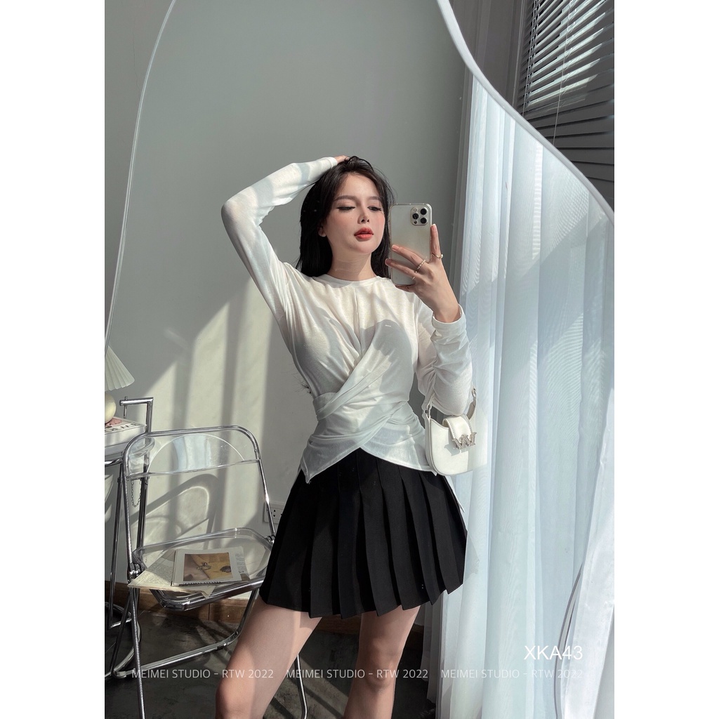 Áo len nữ mongtoghi vạt chéo - Áo ôm body dài tay, cổ tròn, vải len co giãn, dễ phối đồ | XKA43 | Meimei Studio