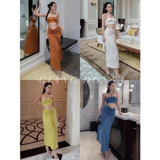 Set yếm khoan lụa chân váy dài rút nhún trước eo