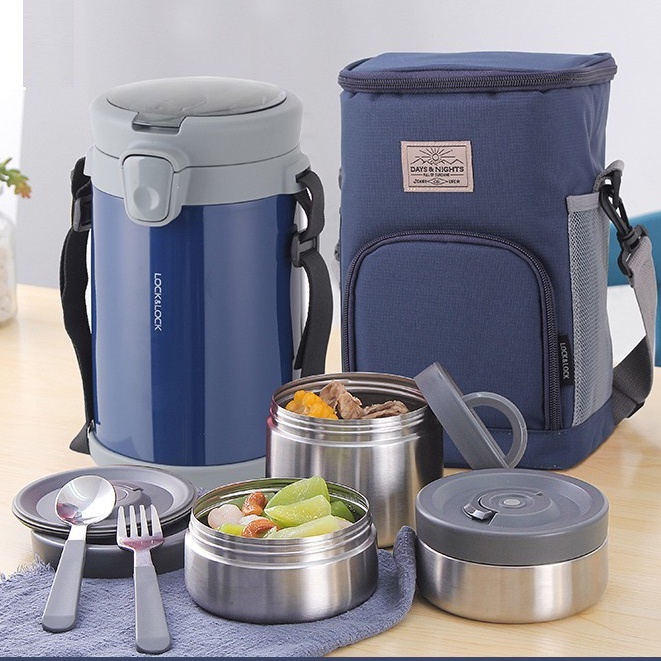 Bộ hộp cơm giữ nhiệt Lock&Lock có túi giữ nhiệt và bộ muỗng nĩa LHC8039 2L màu xanh - K-MALL