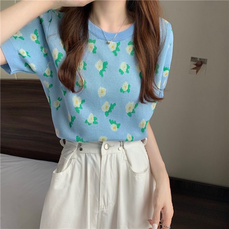 Áo Thun Dệt Kim Mỏng Tay Ngắn Thời Trang Mùa Hè 2022 Dành Cho Nữ