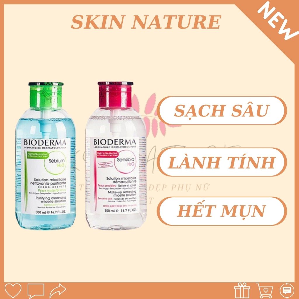 Nước tẩy trang Bioderma Màu hồng và xanh dành cho da dầu, da mụn, da nhẹ cảm 500ml