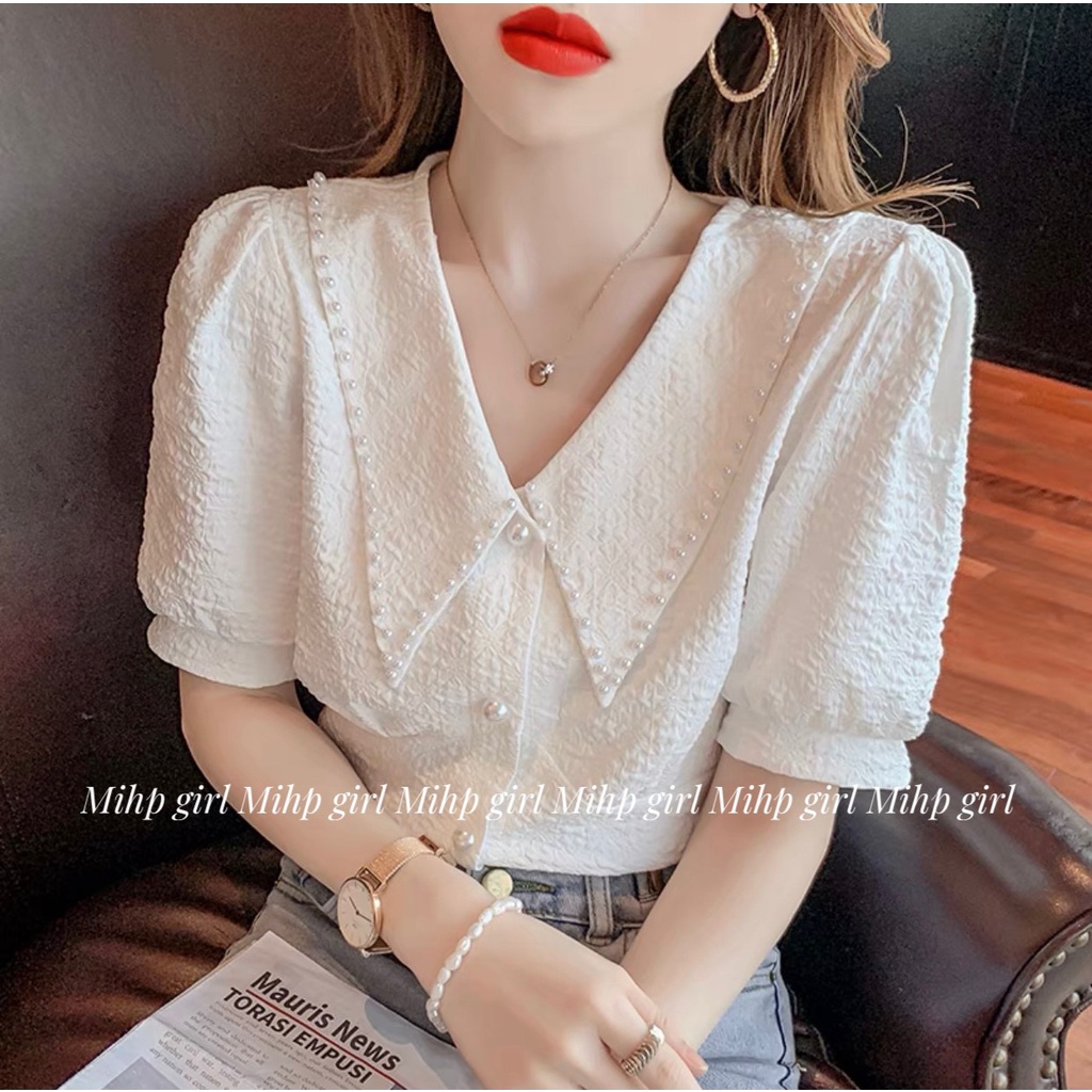 Áo sơ mi tay ngắn cổ đính hạt ngọc vải đẹp ( Ảnh thật)