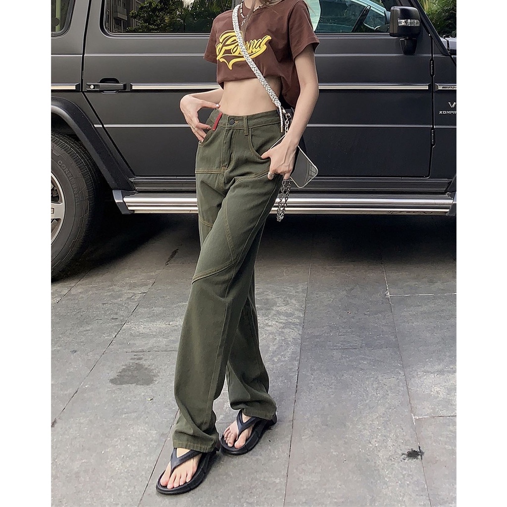 Quần jeans dáng dài ống đứng lưng thấp phong cách retro màu rêu 𝐁𝐔𝐑𝐍 𝐒𝐒𝟖 𝐏𝐀𝐍𝐓𝐒