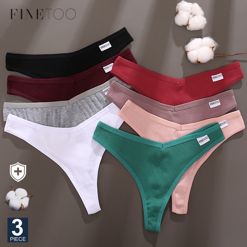 FINETOO Set 3 Quần Lót Cotton Lọt Khe Màu Trơn Lưng Trần Gợi Cảm Cho Nữ