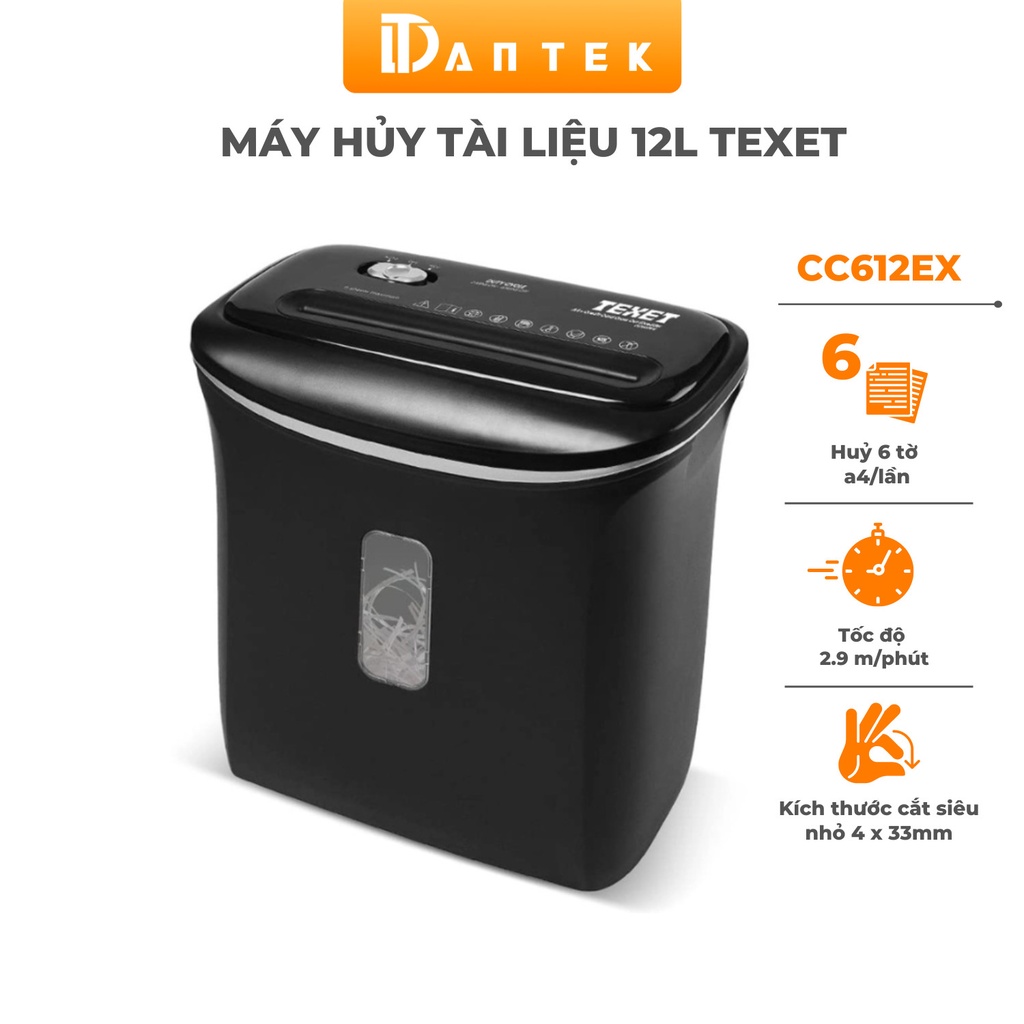 Máy hủy tài liệu 12L Texet CC612EX có chức năng nhả kẹt giấy, cắt giấy thành vụn nhuyễn