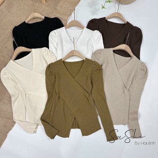 Áo len vạt chéo bồng vai tiểu thư