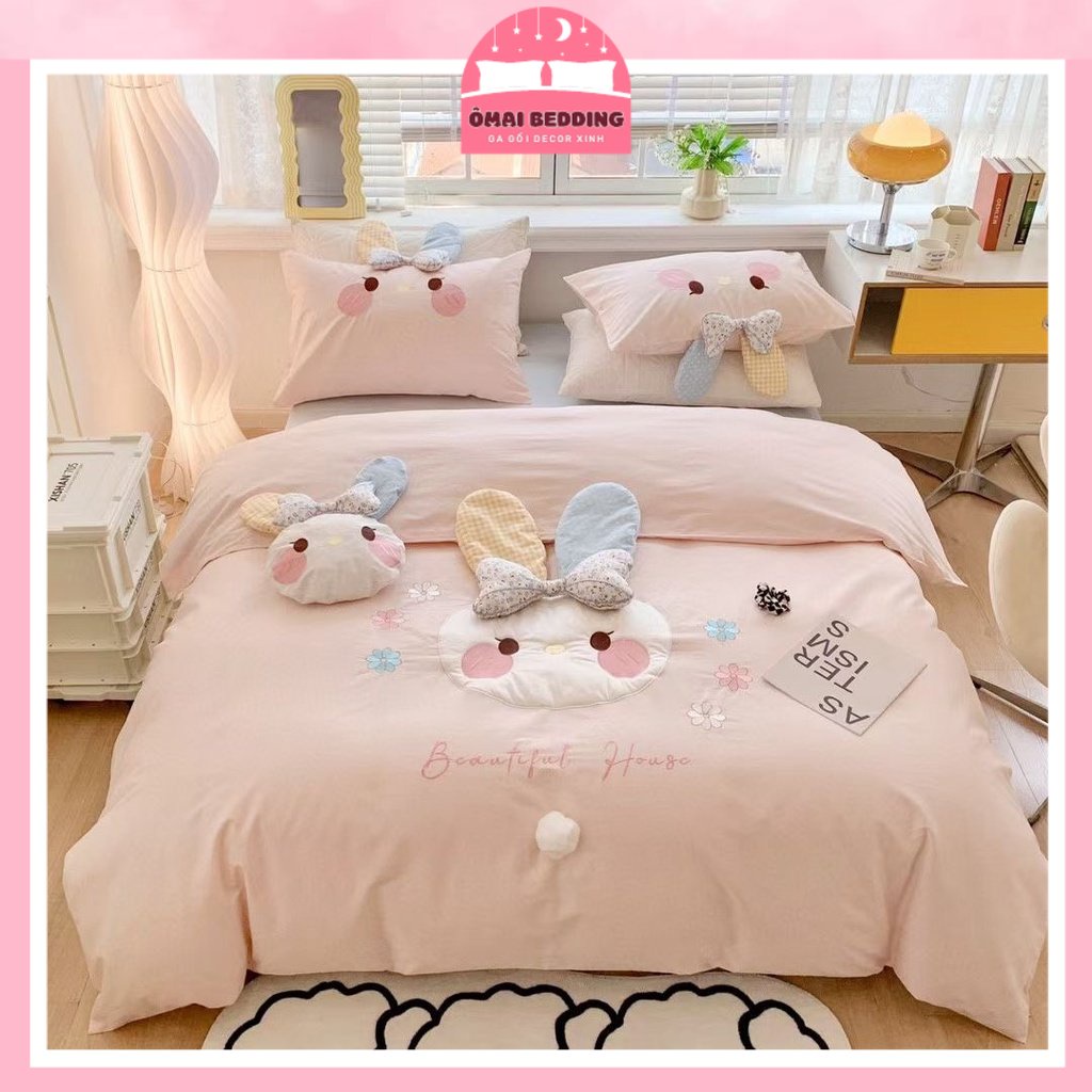 Set chăn ga gối Thỏ xinh cotton linen mềm mịn thấm hút mồ hôi 5 món
