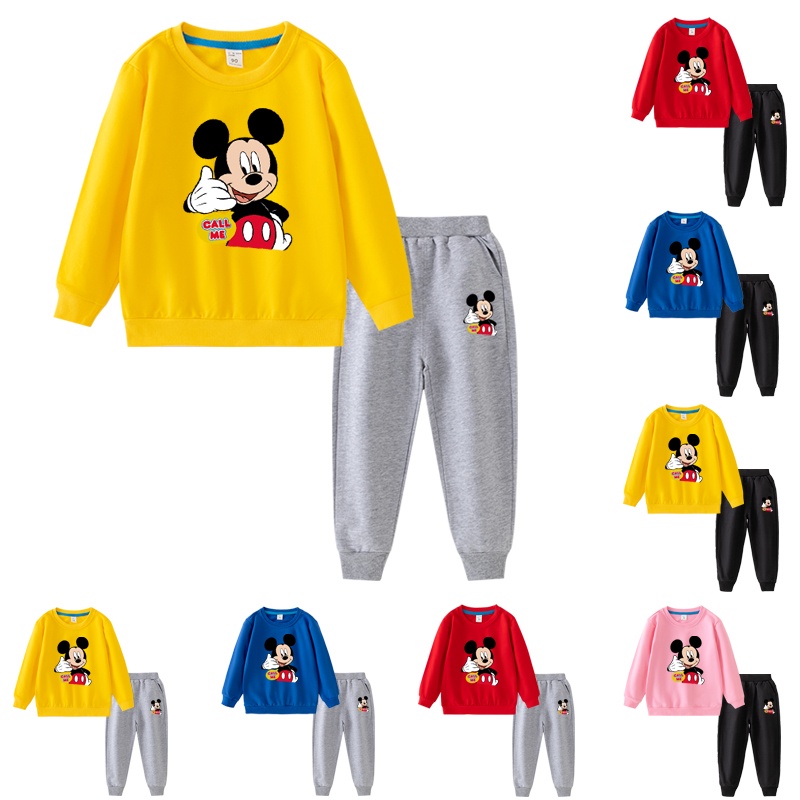 Bộ Áo Nỉ Dài Tay Cổ Tròn In Hoạt Hình Mickey 8 Màu + Quần Thể Thao DA009 Cho Bé