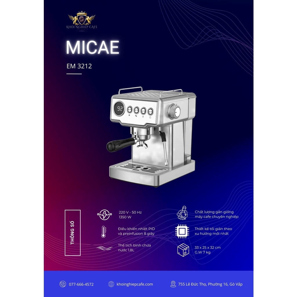 Máy Pha Cafe Espresso Gia Đình Micae EM 3212, 1350W - 20 bar - 28s