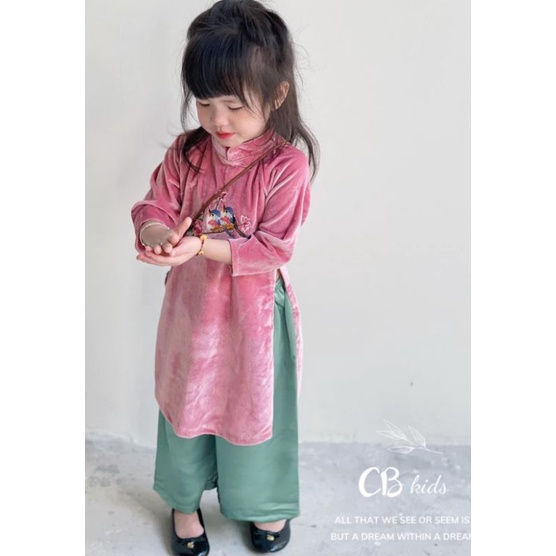 Áo dài cách tân bé gái thêu hoa chất nhung mềm mại 2 chi tiết