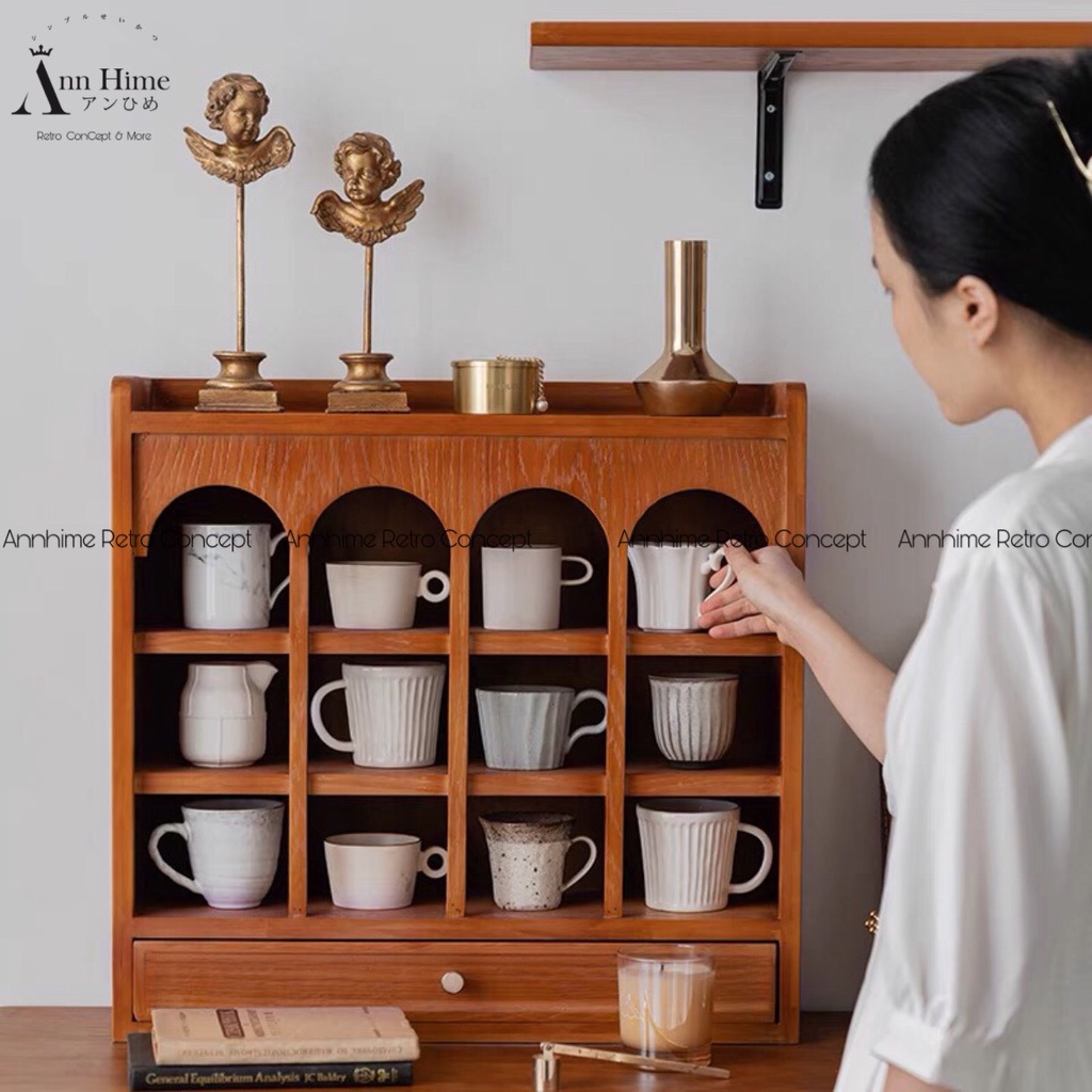 Tủ Gỗ Mini Đựng Cốc Chén Bát Trang Trí Phòng Khách / Bếp Retro Bắc Âu Màu Vàng Cánh Gián & Đen Wanut SP22