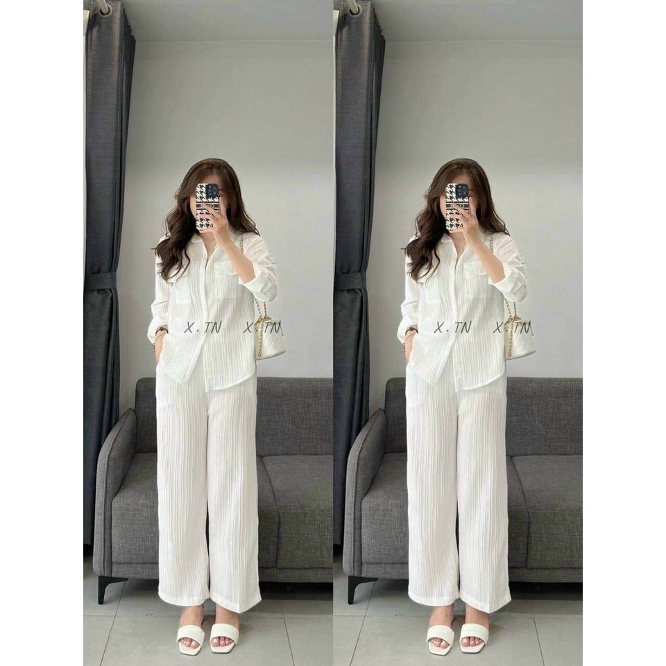 Set sơ mi nữ dài tay phối quần suông dài chất vải đũi gân mát mẻ, thoải mái dành cho các nàng đi chơi, đi học siêu xinh
