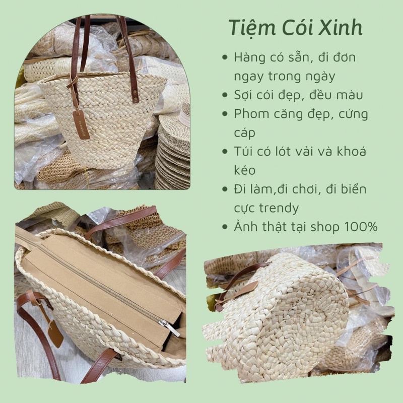 Túi Xách Cói Tote Đeo Vai Cocoqueen Cỡ Lớn Hình Thang Vintage Dây Da