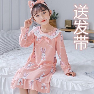 Đầm Ngủ Tay Dài Chất Cotton Màu Trơn In Họa Tiết Hoạt Hình Xinh Xắn Thời Trang Xuân Thu Cho Bé Gái