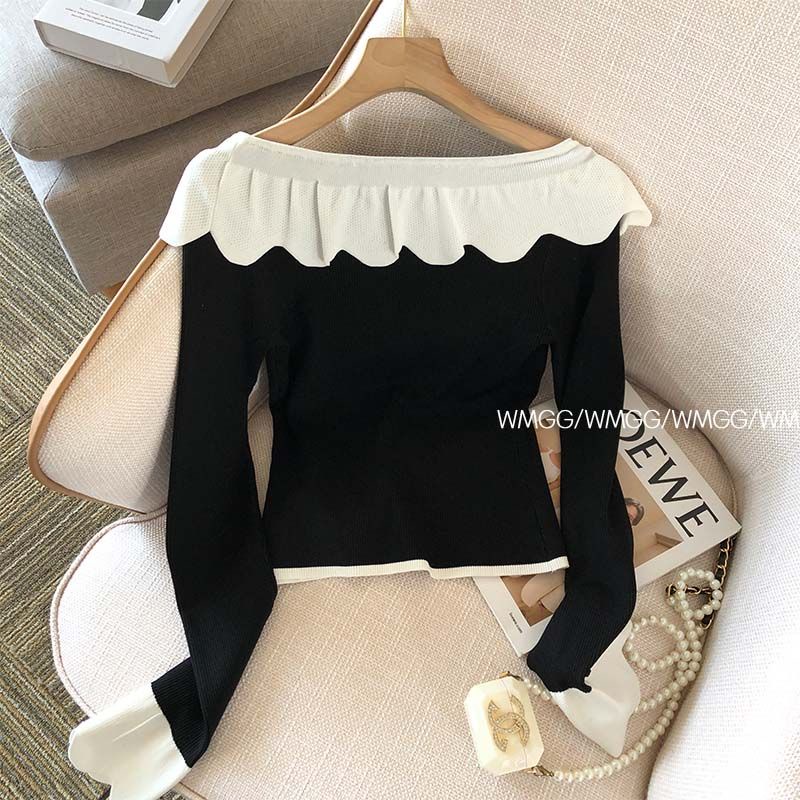 Áo Khoác cardigan Dệt Kim Tay Dài Cổ Lá Sen Màu Đen Thời Trang Xuân Thu Cho Nữ