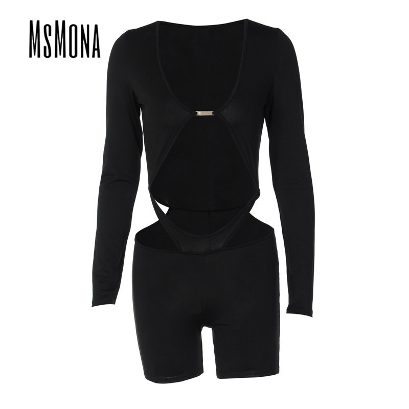 MsMona Áo Liền Quần Tay Dài Cổ Chữ U Màu Đen Trơn Thời Trang 2022 Quyến Rũ Cho Nữ