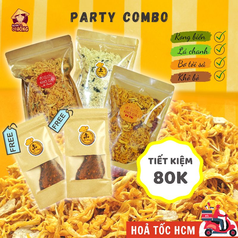 PARTY COMBO (khô gà lá chanh, khô gà bơ tỏi sả, khô gà rong biển cháy tỏi) size L, tặng 2 khô bò thật CÔ HỒNG, đồ ăn vặt
