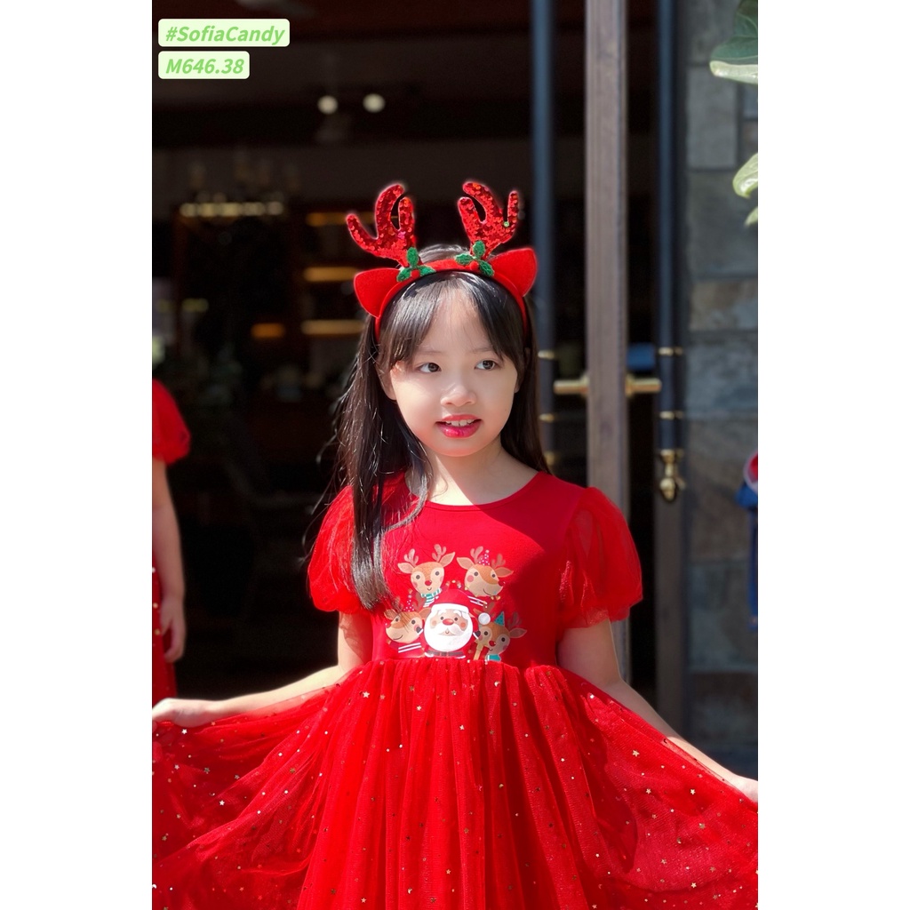 Đầm Noel Sao Lấp Lánh Tuần Lộc Màu Đỏ Kèm Cài Kim Sa Đổi Màu Bé Gái